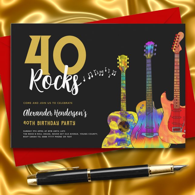 40th Birthday Party 40 Rocks Guitar Invitation (Rock and roll guitar black and gold 40th birthday party invitation guitarist musician music lover)