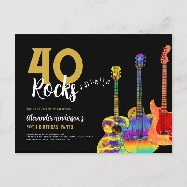 40th Birthday Party 40 Rocks Guitar Invitation Postcard (Front)