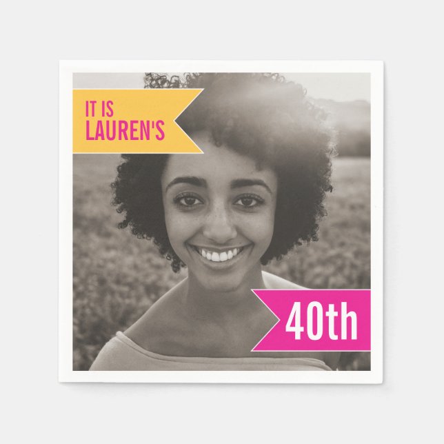 40th birthday party add your own photo pink yellow napkin (Front)