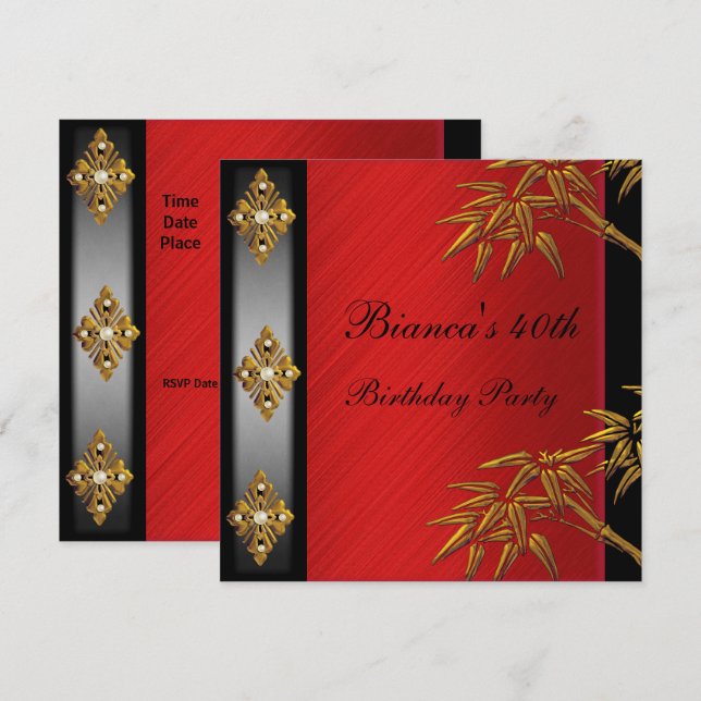 40th Birthday Party Asian Gold Bamboo Red Invitation (Front/Back)