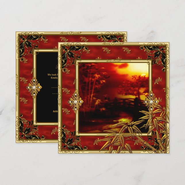 40th Birthday Party Asian View Gold Bamboo Red 2 Invitation (Front/Back)