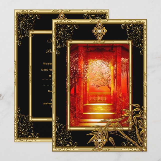 40th Birthday Party Asian View Gold Bamboo Red 3 Invitation (Front/Back)