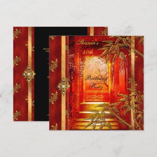 40th Birthday Party Asian View Gold Bamboo Red Invitation