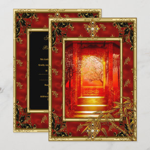 40th Birthday Party Asian View Gold Bamboo Red Invitation