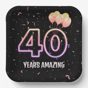40th Birthday Party Balloons and Confetti Paper Plate
