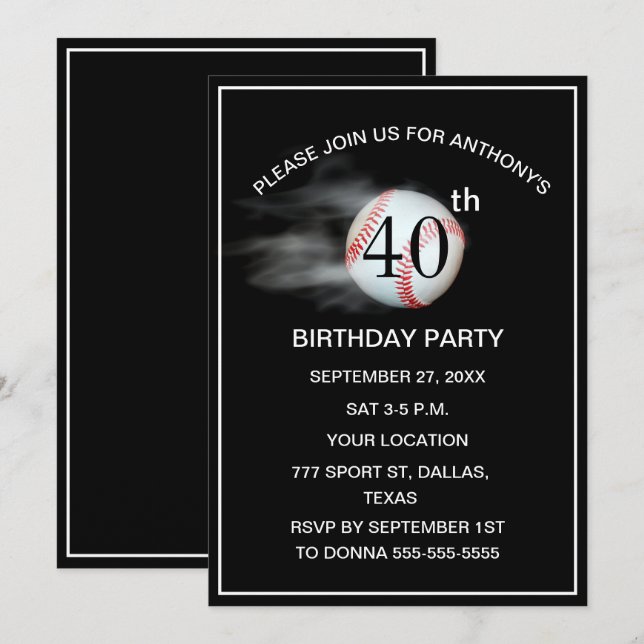 40th Birthday Party Baseball Black Dad Sport  Invitation (Front/Back)