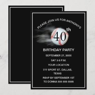 40th Birthday Party Baseball Black Dad Sport Invitation