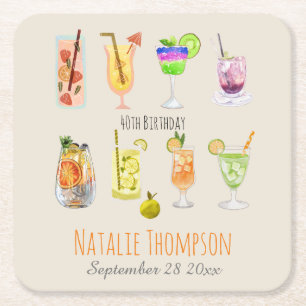 40th Birthday party Beautiful watercolor cocktail Square Paper Coaster