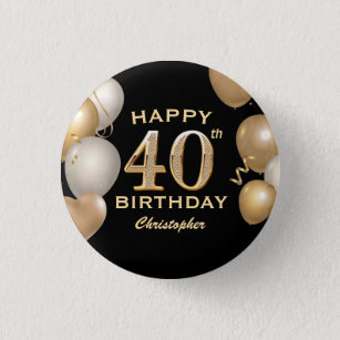 40th Birthday Party Black and Gold Balloons 3 Cm Round Badge