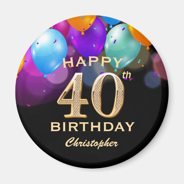 40th Birthday Party Black and Gold Balloons Magnet (Front)