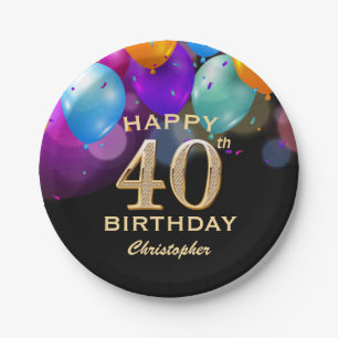 40th Birthday Party Black and Gold Balloons Paper Plate