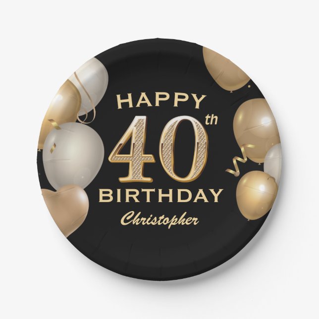 40th Birthday Party Black and Gold Balloons Paper Plate (Front)