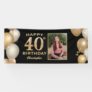 40th Birthday Party Black and Gold Balloons Photo Banner