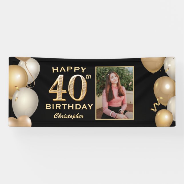 40th Birthday Party Black and Gold Balloons Photo Banner (Horizontal)