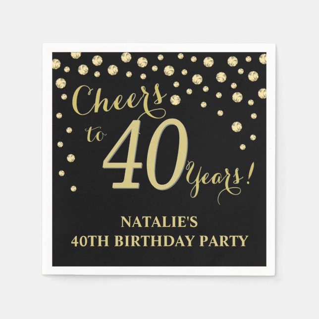 40th Birthday Party Black and Gold Diamond Napkins (Front)