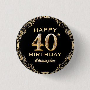 40th Birthday Party Black and Gold Glitter Frame 3 Cm Round Badge