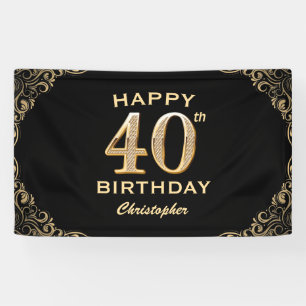 40th Birthday Party Black and Gold Glitter Frame Banner