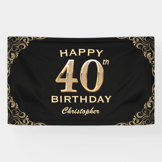 40th Birthday Party Black and Gold Glitter Frame Banner (Horizontal)