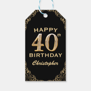 40th Birthday Party Black and Gold Glitter Frame Gift Tags