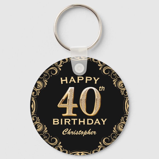 40th Birthday Party Black and Gold Glitter Frame Key Ring (Front)