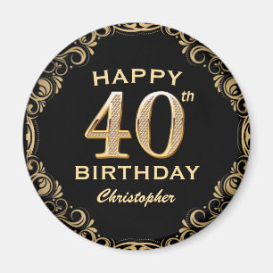 40th Birthday Party Black and Gold Glitter Frame Magnet