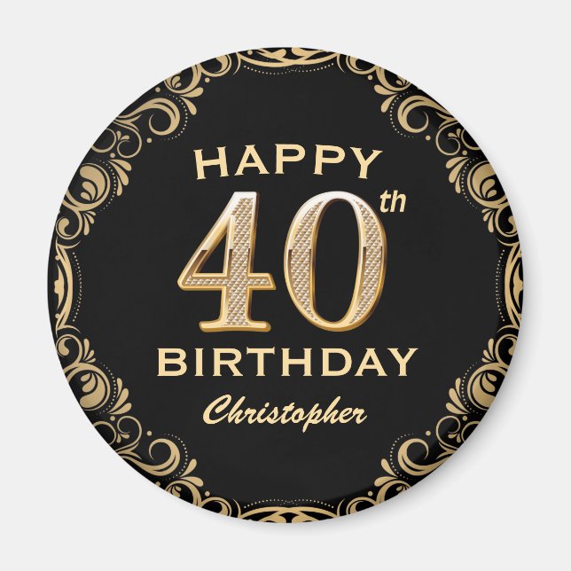 40th Birthday Party Black and Gold Glitter Frame Magnet (Front)