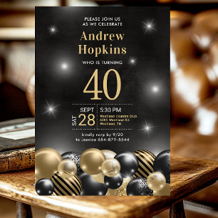 40th Birthday Party Black Gold Balloons Invitation