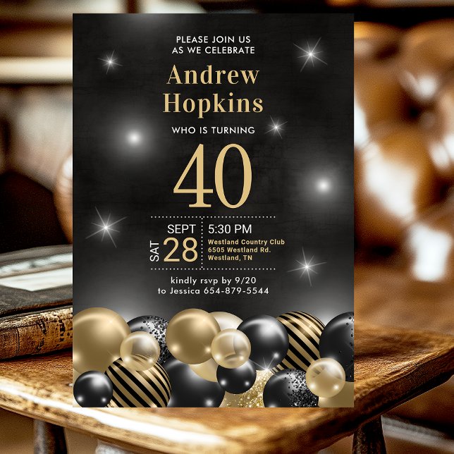 40th Birthday Party Black Gold Balloons Invitation (Creator Uploaded)
