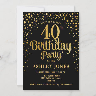 40th Birthday Party - Black & Gold Invitation