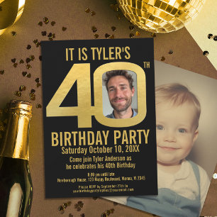 40th Birthday party black gold photo Invitation