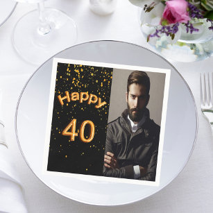 40th birthday party black gold photo napkin