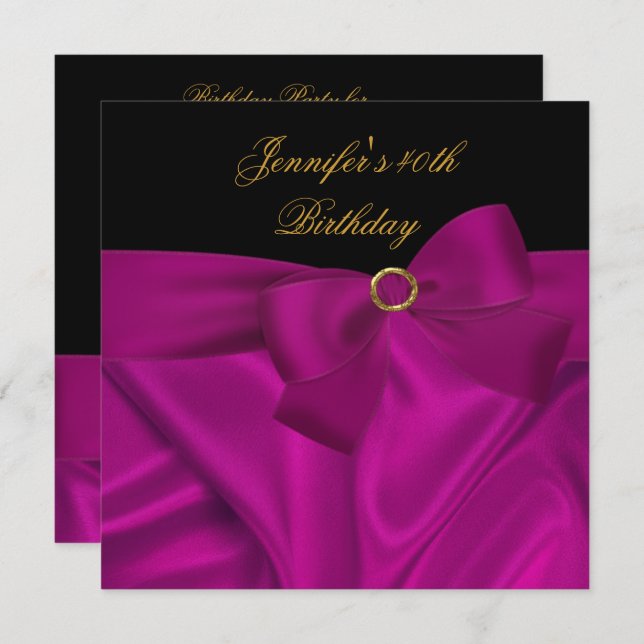 40th Birthday Party Black Plum Pink Bow Invitation (Front/Back)