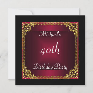 40th birthday Party  Black Red Art Deco Invitation