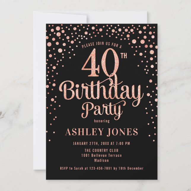 40th Birthday Party - Black & Rose Gold Invitation (Front)