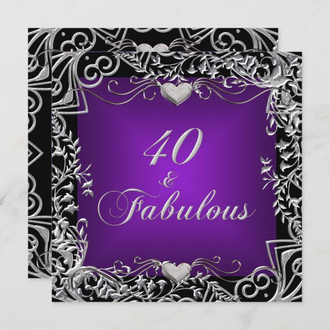 40th Birthday Party Black Silver Deep Purple Invitation (Front/Back)