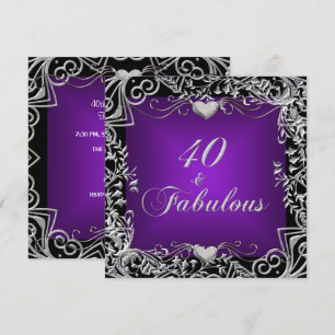 40th Birthday Party Black Silver Deep Purple Invitation