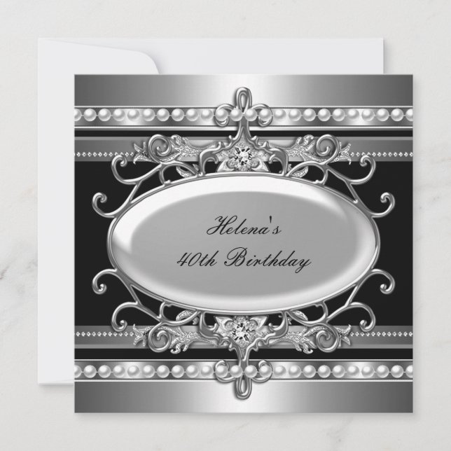 40th Birthday Party Black & Silver Flower Pearl Invitation (Front)