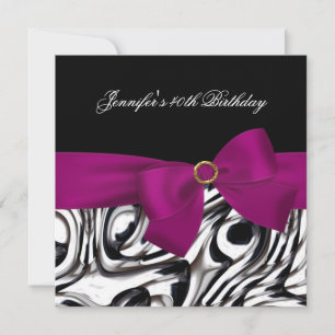 40th Birthday Party Black White Abstract Pink Bow Invitation