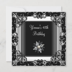 40th Birthday Party Black White Crystal Pearl Invitation
