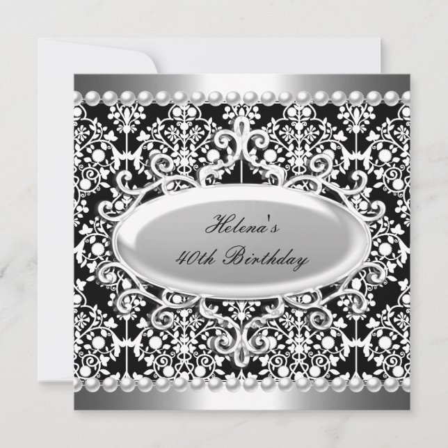 40th Birthday Party Black White Damask Floral Invitation (Front)