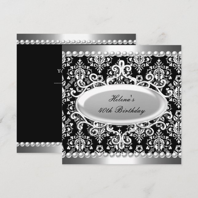 40th Birthday Party Black White Damask Pearl Invitation (Front/Back)