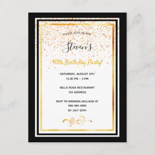 40th birthday party black white gold invitation postcard