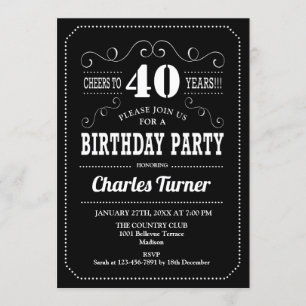 40th Birthday Party - Black White Invitation