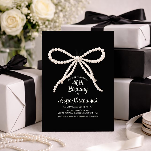 40th Birthday Party Black White Pearl Bow Invitation (Creator Uploaded)