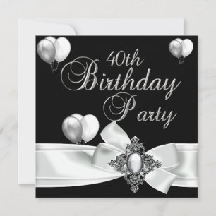40th Birthday Party Black White Silver Balloons Invitation