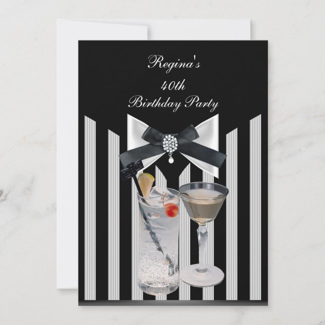 40th Birthday Party Black White stripe Bow tie Invitation (Front)