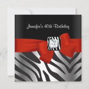 40th Birthday Party Black Zebra Stripe Red Bow Invitation