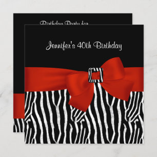 40th Birthday Party Black Zebra Stripe Red Bow Invitation