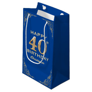 40th Birthday Party Blue and Gold Glitter Frame Small Gift Bag