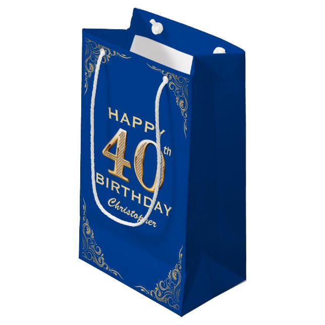 40th Birthday Party Blue and Gold Glitter Frame Small Gift Bag (Front Angled)